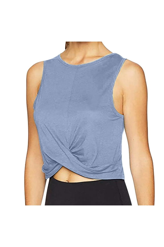 Womens Cropped Workout Tank Tops Sleeveless Crewneck Twist Knot Front Crop Top Slim Fit Athletic Yoga Exercise T Shirts Dance Tops(Blue,S)