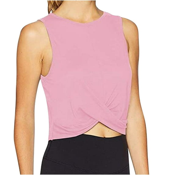 RYRJJ Womens Cropped Workout Tank Tops Sleeveless Crewneck Twist Knot Front Crop Top Slim Fit Athletic Yoga Exercise T Shirts Dance Tops(Pink,S)