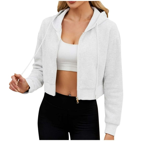 RYRJJ Womens Cropped Zip Up Hoodie Solid Color Short Sweatshirt Drawstring Hooded Jacket Casual Loose Outwear Coats with Pockets(White,L)