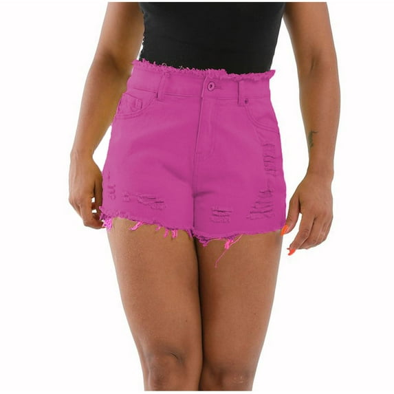 RYRJJ Womens Cut Off Denim Short Frayed Distressed Jean Short Cute High Waist Ripped Hot Shorts Comfy Stretchy(Pink,L)
