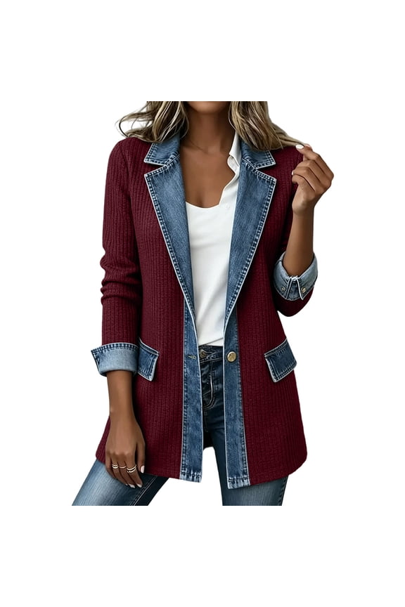 Womens Denim Patchwork Collared Blazer Jacket Loose Button Down Casual Long Sleeve Denim Cardigan Jackets Jean Shacket