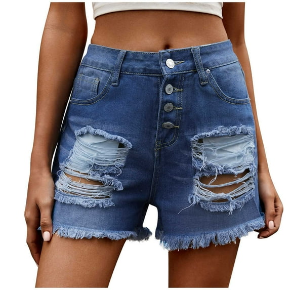 RYRJJ Womens Denim Shorts Casual Summer High Waisted Ripped Jean Shorts Frayed Hem Distressed Stretch Juniors Hot Shorts(Dark Blue,L)