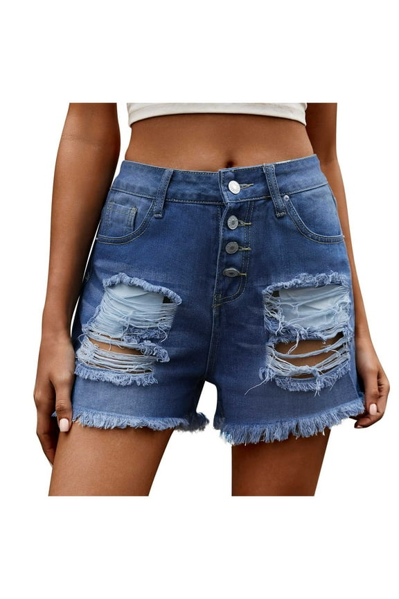 Womens Denim Shorts Casual Summer High Waisted Ripped Jean Shorts Frayed Hem Distressed Stretch Juniors Hot Shorts(Dark Blue,S)