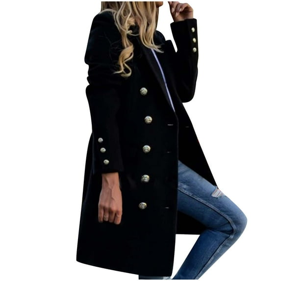 RYRJJ Womens Double Breasted Peacoat Trench Coat Fall Winter Wool Coat Classic Notched Lapel Collar Overcoat Midi-Long Blazer Jacket(Black,XL)
