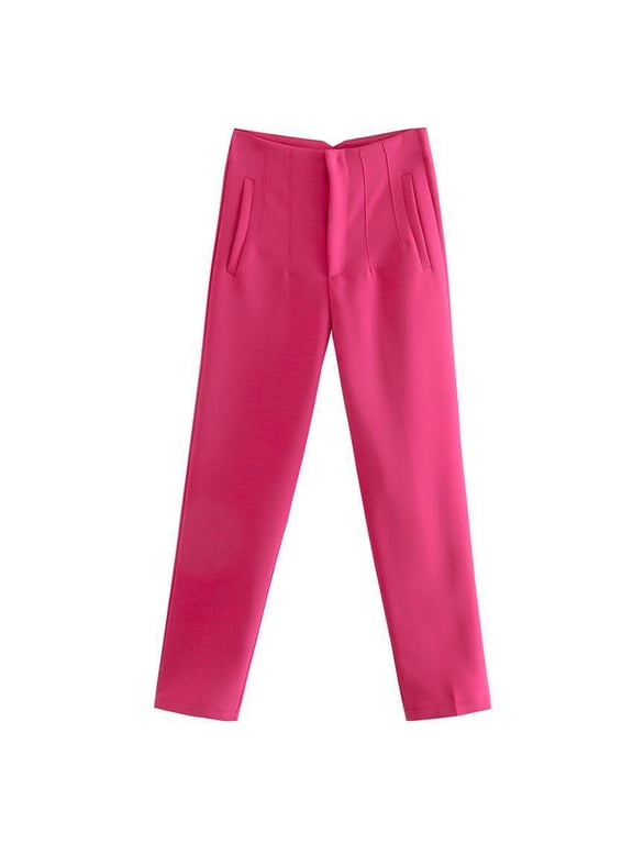 Womens Dress Pants Business Casual High Waisted Straight Wide Leg Trousers Work Office Pull On Stretch Long Suit Pants Hot Pink S