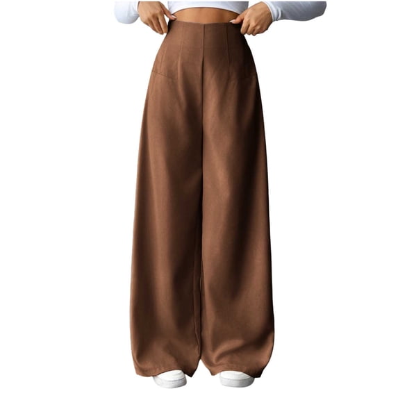 RYRJJ Womens Dress Pants High Waisted Wide Leg Work Pants Business Casual Trousers Pull On Office Slacks with Pockets(Brown,M)