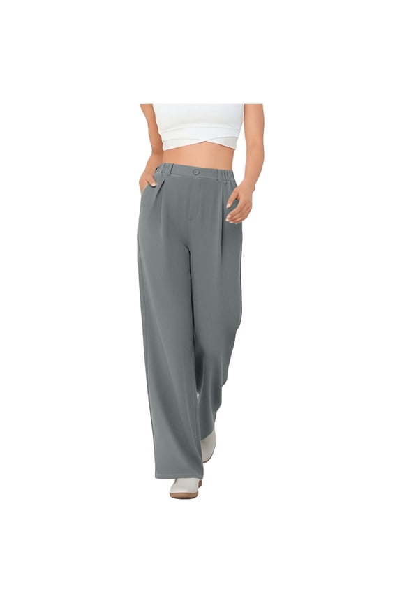 Womens Dress Pants Wide Leg Work Pants with Pockets Elastic High Waisted Pleated Front Pull On Business Casual Slacks Trousers(Gray,XXL)