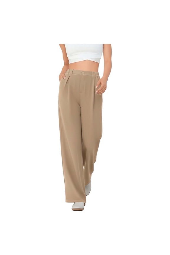 Womens Dress Pants Wide Leg Work Pants with Pockets Elastic High Waisted Pleated Front Pull On Business Casual Slacks Trousers(Khaki,S)