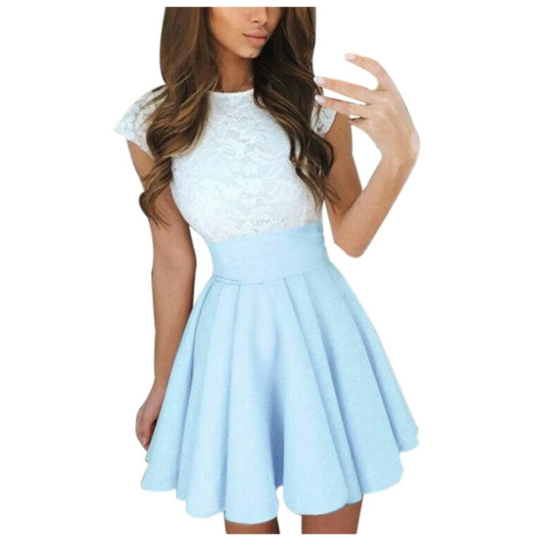 RYRJJ Womens Dresses Teen Girls Lace Patchwork Sleeveless Sundress Summer  Prom Party Cocktail Mini Skater Dress(Blue,L) 