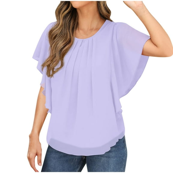 RYRJJ Womens Dressy Casual Shirts Ruffle Short Sleeve Pleated Front Crewneck Work Chiffion Blouse Business Casual Summer Tops(Purple,XL)