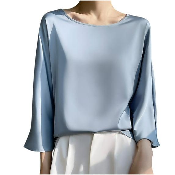RYRJJ Womens Dressy Tops Casual Satin Silk Blouse Elegant Crewneck 3/4 Bell Sleeve Shirts Loose Flowy Work Top(Blue,XL)