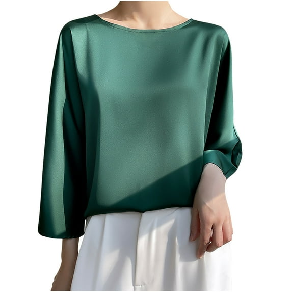RYRJJ Womens Dressy Tops Casual Satin Silk Blouse Elegant Crewneck 3/4 Bell Sleeve Shirts Loose Flowy Work Top(Green,XL)