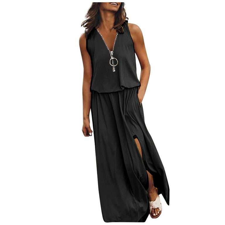 RYRJJ Womens Elagant Zipper V-Neck Sleeveless Maxi Dress High Waist Elastic  Evening Party High Slit Long Dress with Pockets(Black XL) 