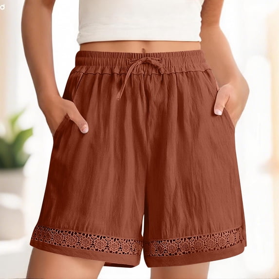 RYRJJ Womens Elastic High Waisted Shorts Drawstring Lace Boho Shorts Wide Leg Casual Cotton Linen Short Pants with Pockets(Coffee,XXL)