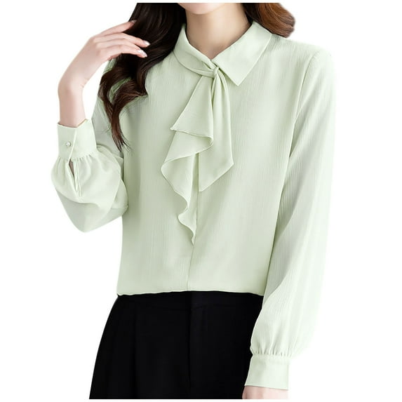 RYRJJ Womens Elegant Business Chiffon Blouse Bow Tie Knot Mock Neck Long Sleeve Work Office Tops Dressy Casual Shirts(Green,XXL)
