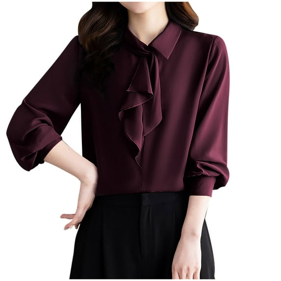 RYRJJ Womens Elegant Business Chiffon Blouse Bow Tie Knot Mock Neck Long Sleeve Work Office Tops Dressy Casual Shirts(Wine,XXL)
