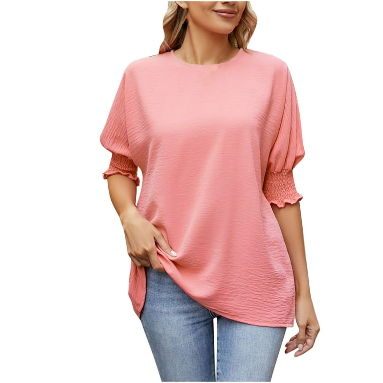 RYRJJ Womens Elegant Smocked Puff Sleeve Tops Loose Crewneck Solid Color  Shirts Summer Fashion Dressy Casual Blouse Tunics(Pink,L)