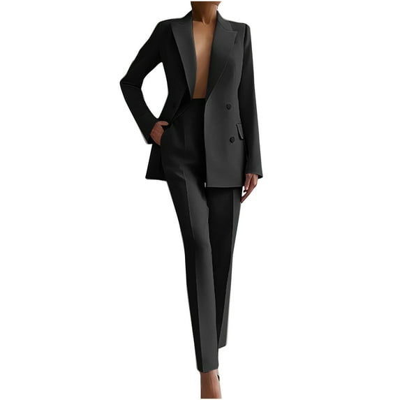 RYRJJ Womens Fall Fashion 2 Piece Blazer Sets Slim Fitted Business Work Single Breasted Blazers Jacket and Pencil Pants Suits Set(Black,L)