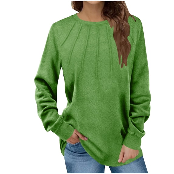 RYRJJ Womens Fall Long Sleeve Shirts Dressy Casual Tops Fashion Pleated Front Crewneck Tunic Sweatshirt Lightweight Basic Pullover(Green,M)