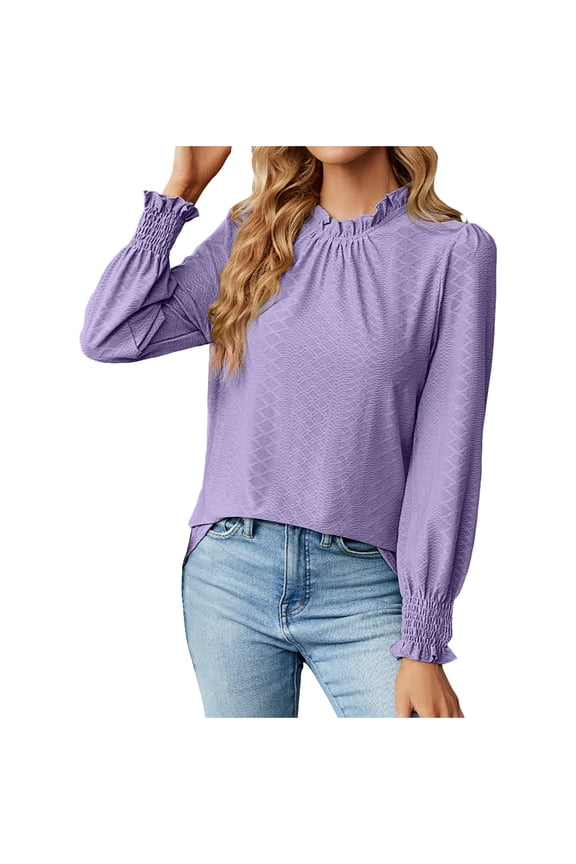 Womens Fall Long Sleeve T Shirts Blouses Lace Crochet Frill Mock Neck Tops Dressy Casual Tunic Tops with Smocked Cuffs(Purple,S)