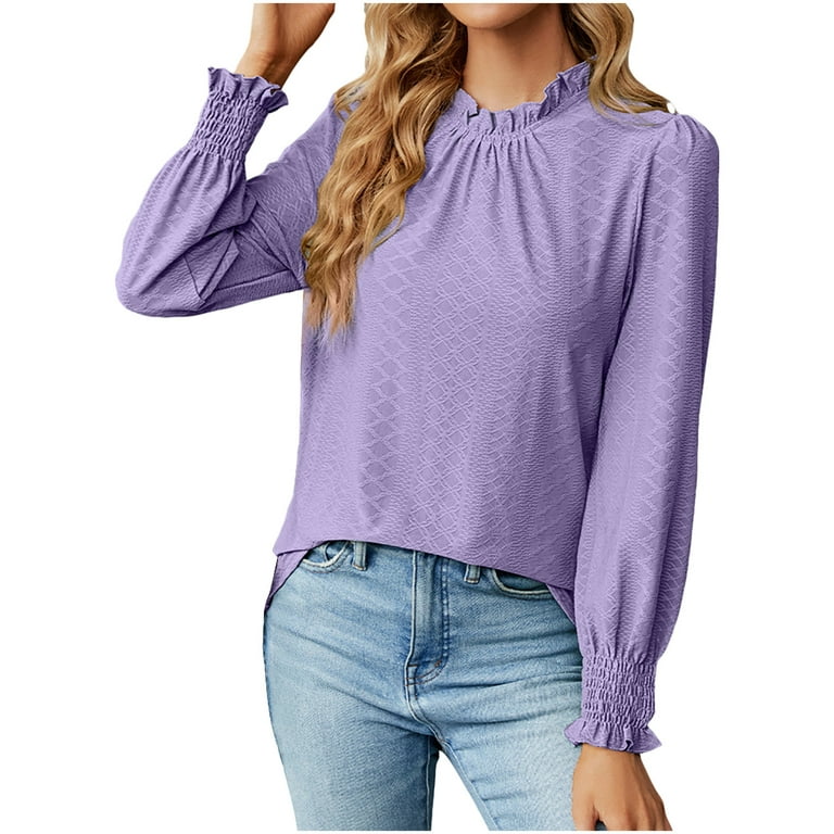 RYRJJ Womens Fall Long Sleeve T Shirts Blouses Lace Crochet Frill Mock Neck  Tops Dressy Casual Tunic Tops with Smocked Cuffs(Purple,XXL) 