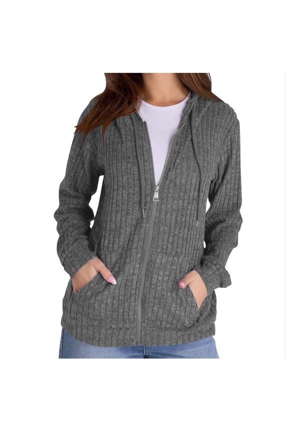 Womens Fall Zip Up Hoodies Lightweight Comfy Loose Long Sleeve Hooded Sweatshirt Ribbed Jacket Outwear with Pockets(Dark Gray,S)