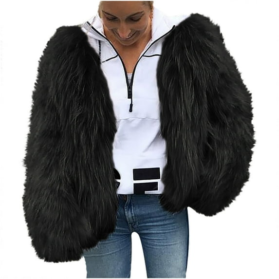 RYRJJ Womens Fashion Cropped Coats Long Sleeve Crewneck Open Front Shaggy Fuzzy Faux Fur Cardigan Jacket Winter Warm Outwear(Black,S)