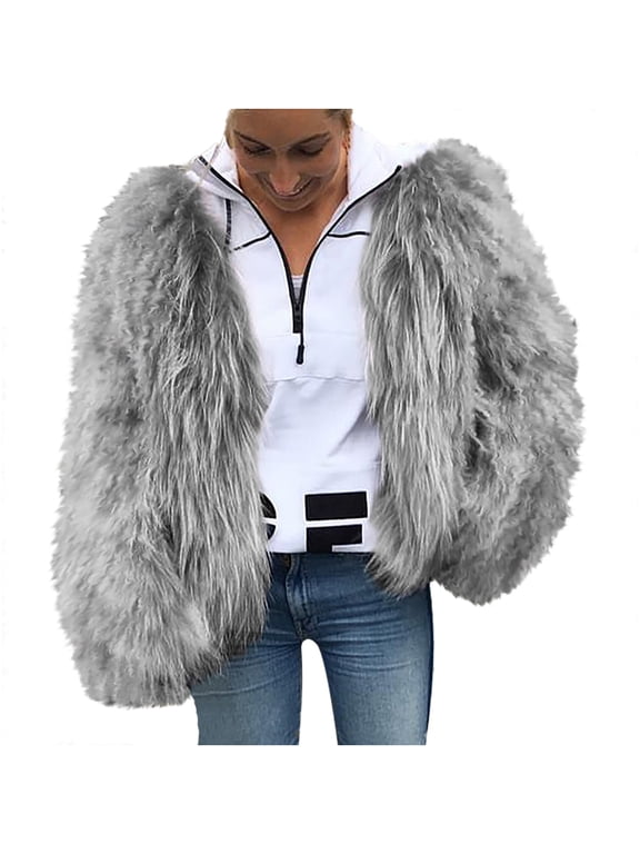 Womens Fashion Cropped Coats Long Sleeve Crewneck Open Front Shaggy Fuzzy Faux Fur Cardigan Jacket Winter Warm Outwear(Gray,M)