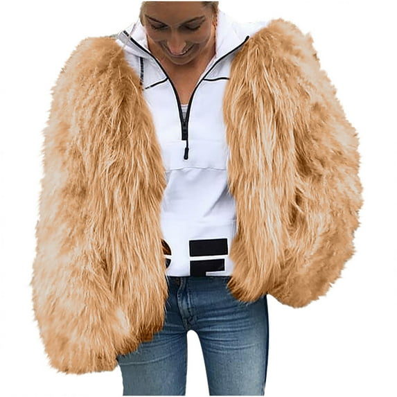 RYRJJ Womens Fashion Cropped Coats Long Sleeve Crewneck Open Front Shaggy Fuzzy Faux Fur Cardigan Jacket Winter Warm Outwear(Khaki,XL)