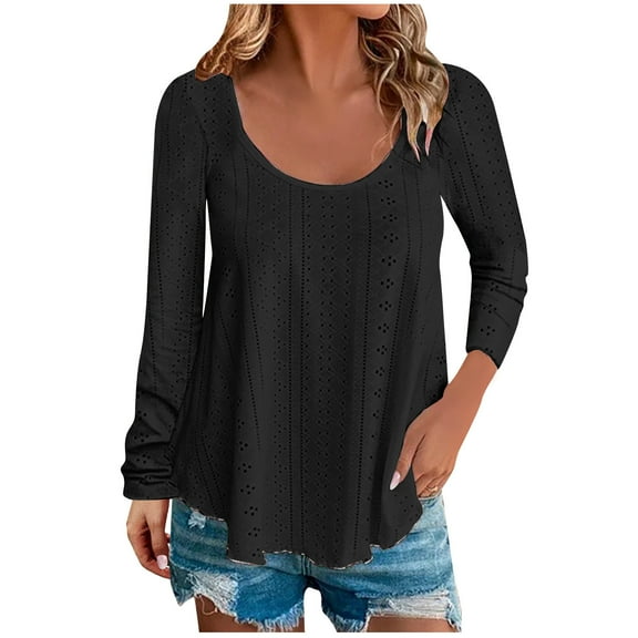 RYRJJ Womens Fashion Tops Eyelet Embroidery Long Sleeve T-Shirts Scoop Neck Loose Casual Summer Flowy Shirt Blouses(Black,M)