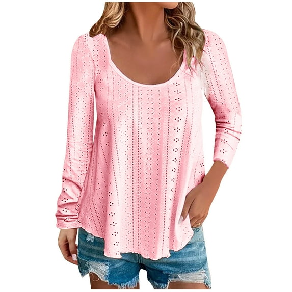 RYRJJ Womens Fashion Tops Eyelet Embroidery Long Sleeve T-Shirts Scoop Neck Loose Casual Summer Flowy Shirt Blouses(Pink,M)