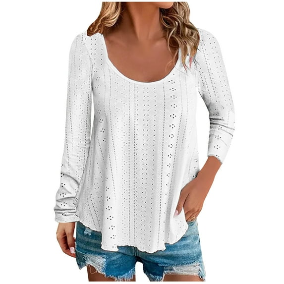 RYRJJ Womens Fashion Tops Eyelet Embroidery Long Sleeve T-Shirts Scoop Neck Loose Casual Summer Flowy Shirt Blouses(White,S)