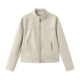 thumbnail image 1 of RYRJJ Womens Faux Leather Jacket Long Sleeve Stand Collar Zip Up Windbreaker Coats Motorcycle Outwear Bomber Jackets with Pockets(Beige,M), 1 of 4