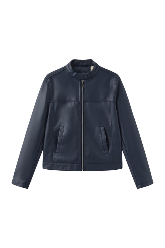 Womens Faux Leather Jacket Long Sleeve Stand Collar Zip Up Windbreaker Coats Motorcycle Outwear Bomber Jackets with Pockets(Blue,S)