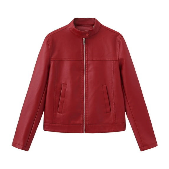 RYRJJ Womens Faux Leather Jacket Long Sleeve Stand Collar Zip Up Windbreaker Coats Motorcycle Outwear Bomber Jackets with Pockets(Wine,M)