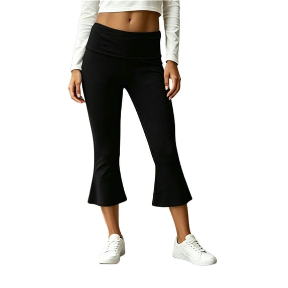 RYRJJ Womens Flare Capri Pants High Rise Fold Over Stretch Casual Ruffle Yoga Capris Pant Comfy Summer Workout Cropped Leggings(Black,XL)