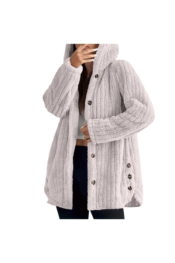 Womens Fleece Jacket Winter Warm Button Up Long Sleeve Fuzzy Sherpa Jackets Oversized Hooded Coats Outerwear(Beige,S)