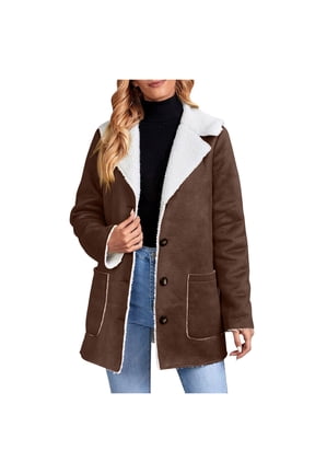 Womens Fleece Lined Jackets Winter Suede Parka Coat Thick Warm Notch Lapel Vintage Sherpa Coats Outerwear with Pockets(Brown,S)