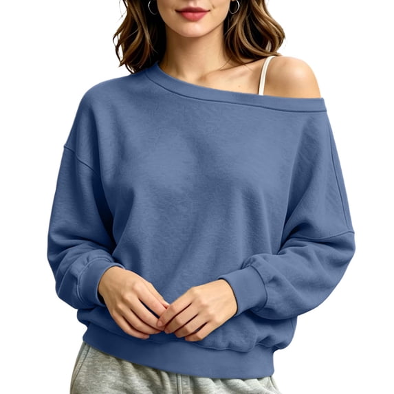 RYRJJ Womens Fleece Lined Sweatshirts Oversized Off The Shoulder Pullover Tops Casual Long Sleeve Comfy Fall Winter Plain Sweatshirt