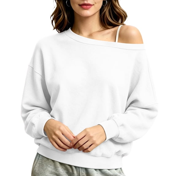 RYRJJ Womens Fleece Lined Sweatshirts Oversized Off The Shoulder Pullover Tops Casual Long Sleeve Comfy Fall Winter Plain Sweatshirt