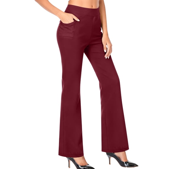 RYRJJ Womens Fleece Lined Yoga Dress Pants Stretchy Work Flared Bootcut Pants Business Casual Slacks with Pockets Pull On Office Trousers(Red,L)