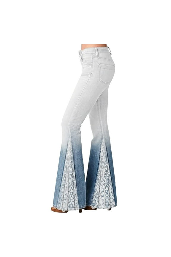 Womens Floral Lace Flare Jeans High Waisted Stretch Bell Bottom Jeans Boho Bootcut Denim Palazzo Pants(Navy,S)