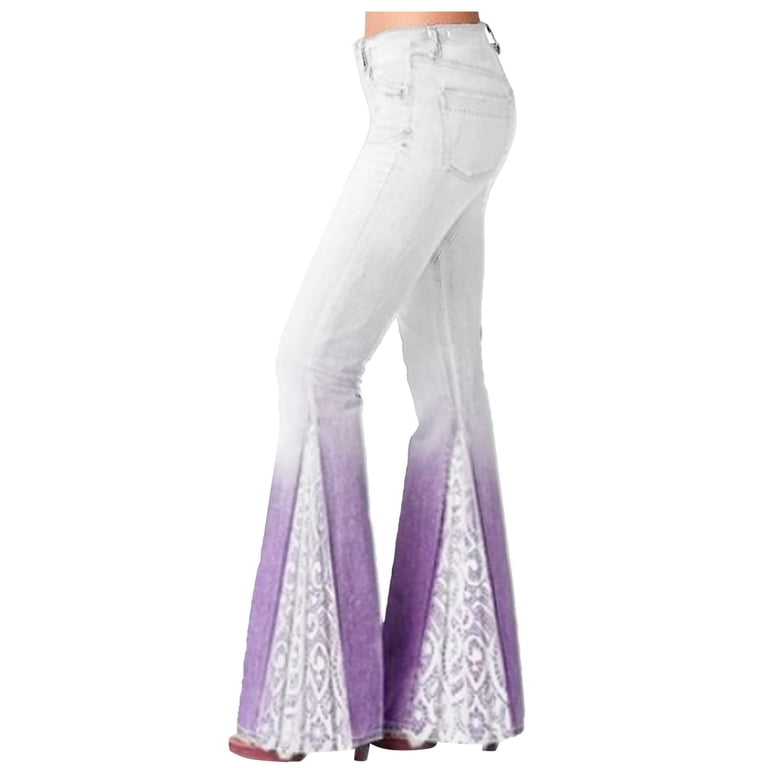 RYRJJ Womens Floral Lace Flare Jeans High Waisted Stretch Bell 