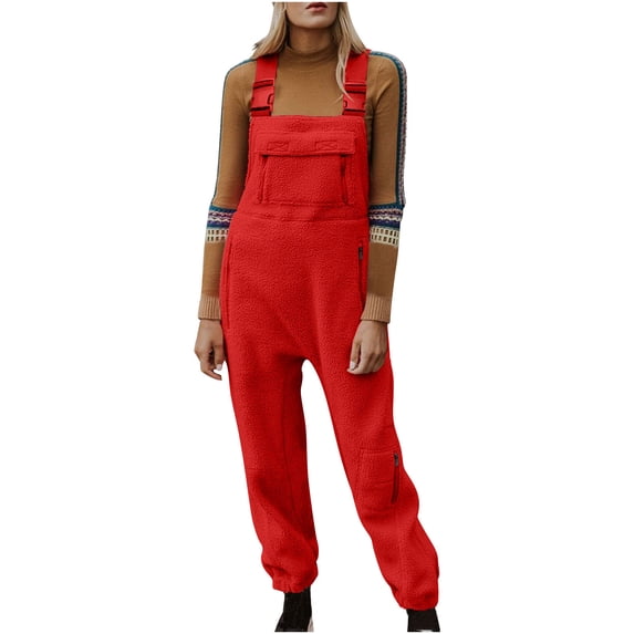 RYRJJ Womens Fuzzy Fleece Overall Jumpsuits Casual Loose Fit Winter Warm Sherpa Bib Overalls Pants with Pockets(Red,L)