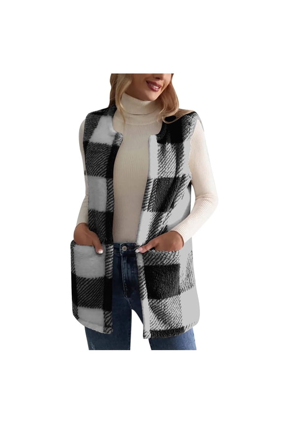 Womens Fuzzy Fleece Plaid Vest Sleeveless Open Front Sherpa Jacket Long Flannel Shacket Lightweight Cozy Outerwear(Dark Gray,XXL)