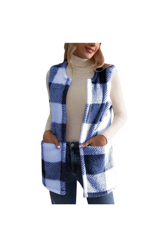 Womens Fuzzy Fleece Plaid Vest Sleeveless Open Front Sherpa Jacket Long Flannel Shacket Lightweight Cozy Outerwear(Sky Blue,XXL)