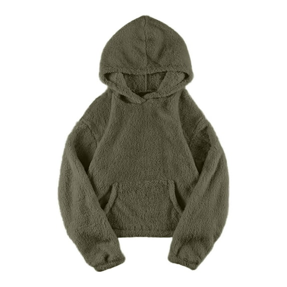 RYRJJ Womens Fuzzy Hoodies Lightweight Pullover Cropped Hoodie Fall Winter Warm Sherpa Fleece Hooded Sweatshirt with Pockets(Army Green,S)