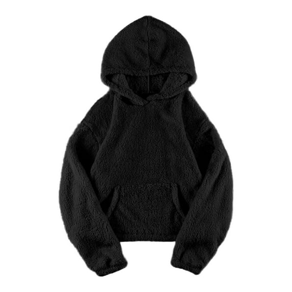 RYRJJ Womens Fuzzy Hoodies Lightweight Pullover Cropped Hoodie Fall Winter Warm Sherpa Fleece Hooded Sweatshirt with Pockets(Black,S)