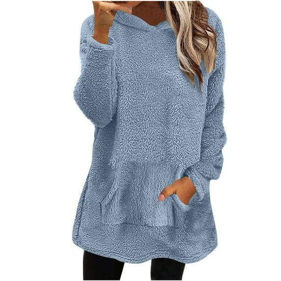 RYRJJ Womens Fuzzy Sherpa Fleece Hoodies Casual Pullover Sweatshirt Loose Soft Comfy Winter Loungewear Outwear with Pockets(Blue,S)