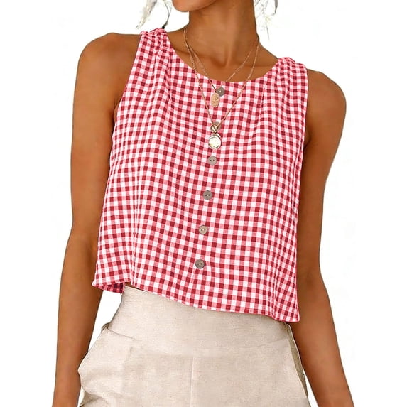 RYRJJ Womens Gingham Crop Tank Tops Spring Summer Sleeveless Vest Top Button Back Dressy Casual Blouse(Red,XXL)